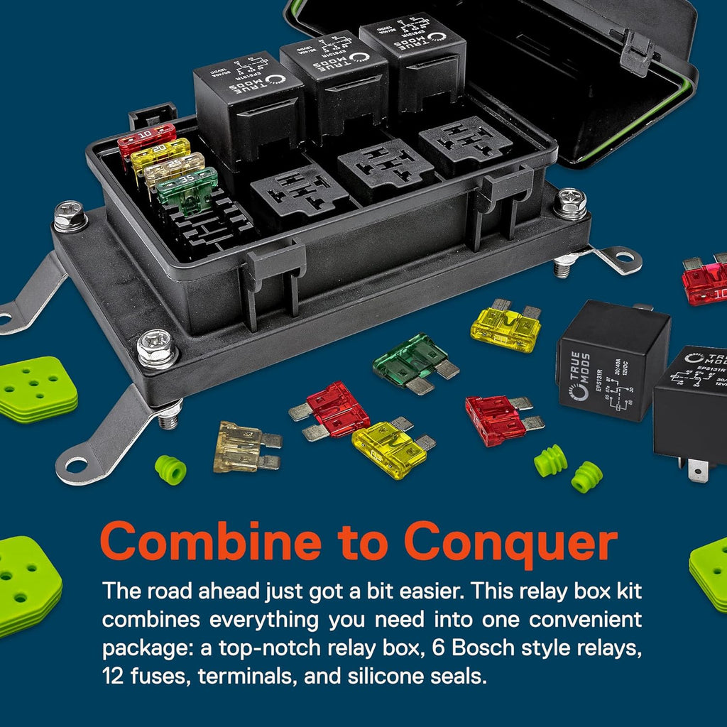 True MODS 12V Automotive Waterproof Fuse Relay Box 5-Pin Relay Block Kit | 6 ATC/ATO Bosch Style Fused Distribution