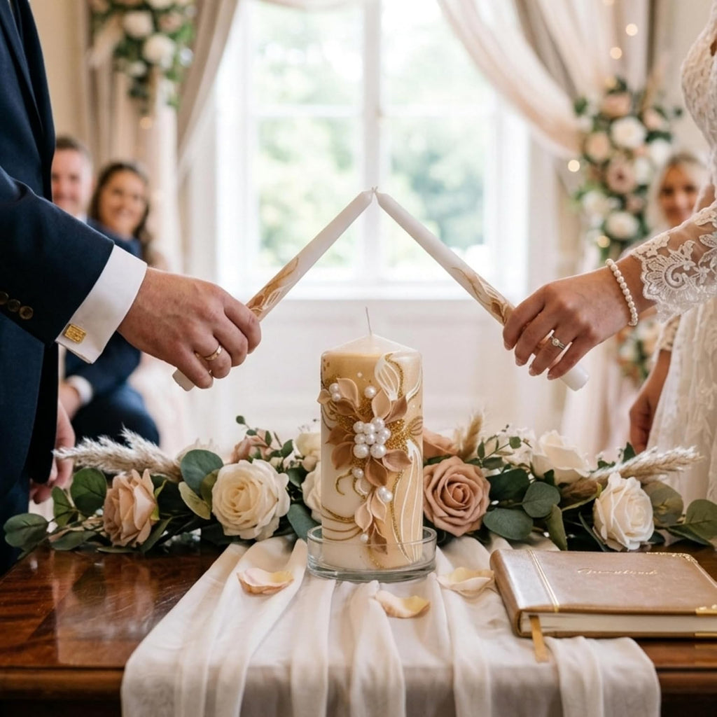 Golden Blossom Unity Candle Set for Wedding Ceremony & Reception, White & Gold Wedding Unity Candles with Floral
