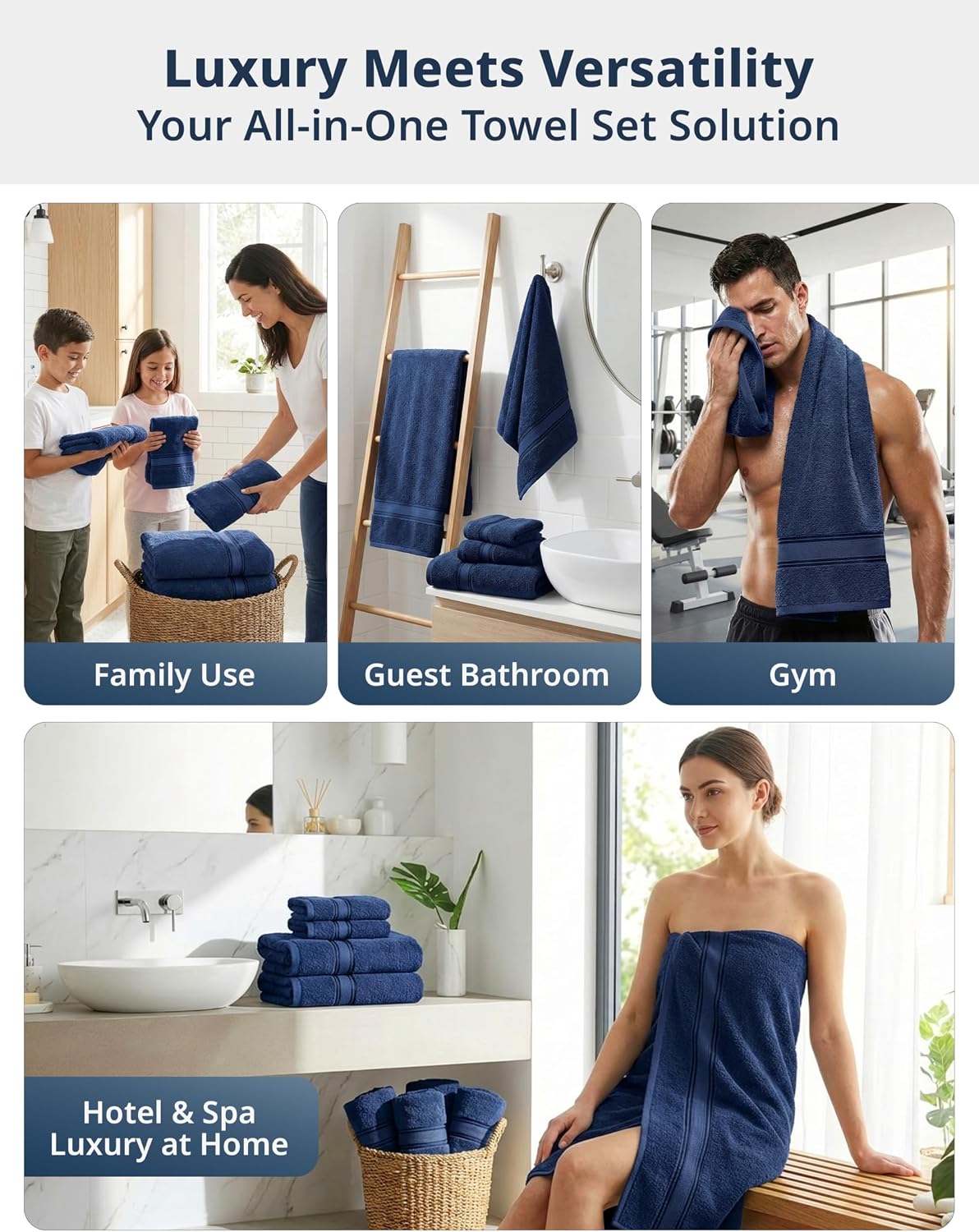 Bath Towel Set 100% Cotton 6 Piece Soft Absorbent - Navy | Shower Towels - Generously Sized, Oversized & Roomy