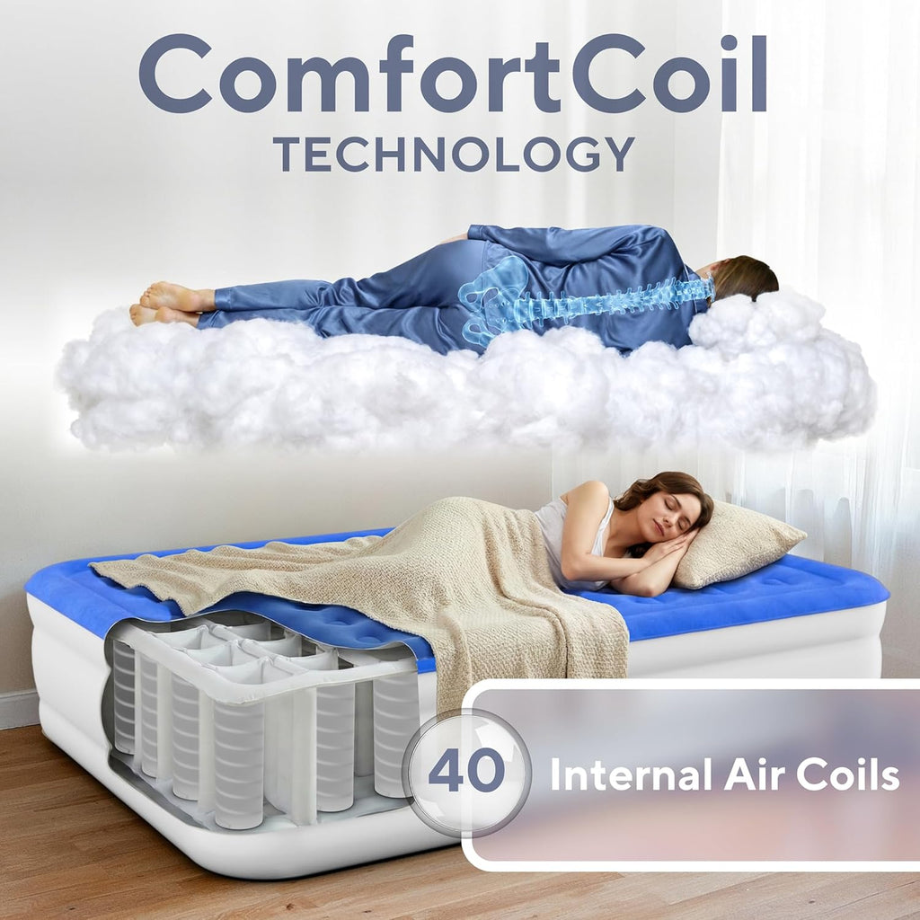 SoundAsleep Dream Series Raised Queen Air Mattress, Built-in Pump, Blue | ComfortCoil Technology, fast 1-click