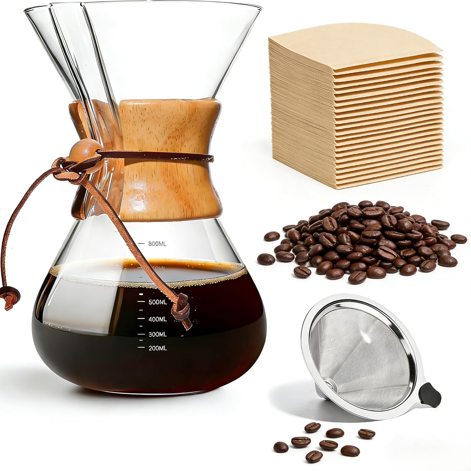 Pour Over Coffee Maker, 8 Cup Borosilicate Glass Pour Over Coffee Dripper with Reusable Stainless Steel Filter