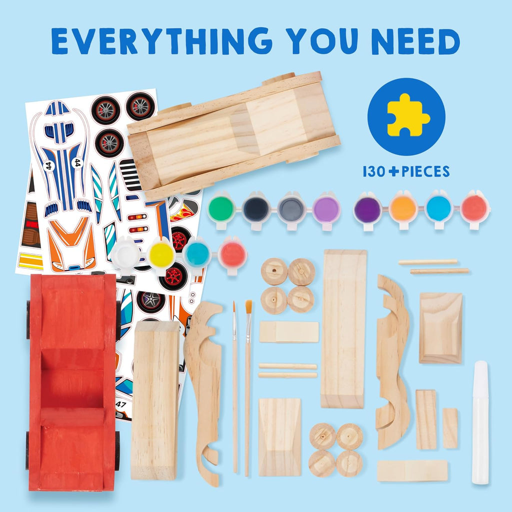 4 DIY Wooden Race Cars-Build & Paint Your Own Wood Craft Kit, 4 Race Cars Toy, Easy to Assemble Arts Crafts Kit