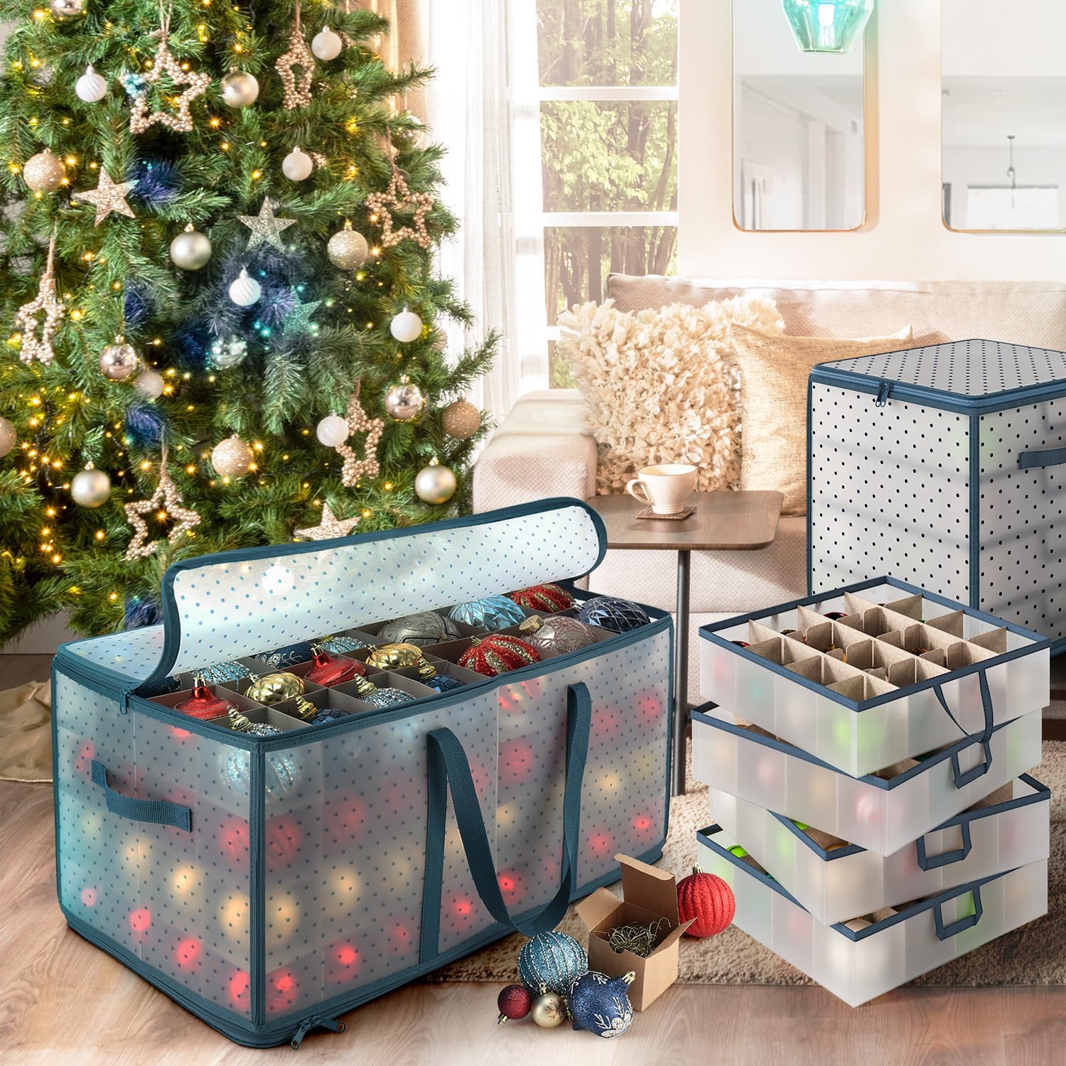 Large Christmas Ornament Storage Box With Adjustable Dividers - Plastic Ornament Storage Container For 128 Holiday