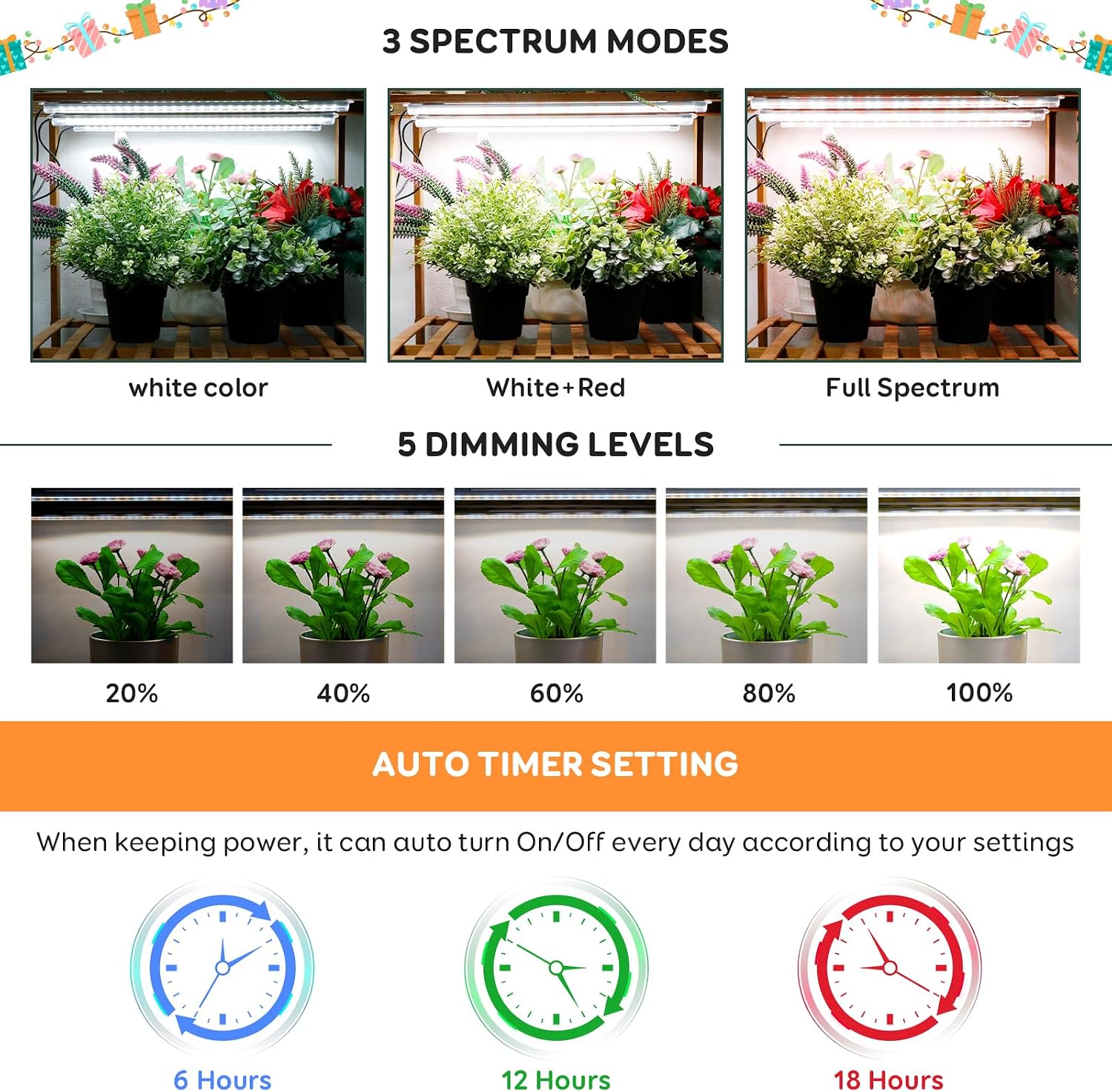 16'' 6 Bars Grow Light Strips for Indoor Plants with Auto ON/Off Timer 6/12/18H, 5 Dimmable Levels for Shelves Plant