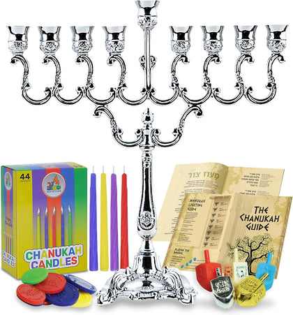 Hanukkah Menorah Candles Dreidels, Chanukah Guide Complete Set - Metal, Standard Version