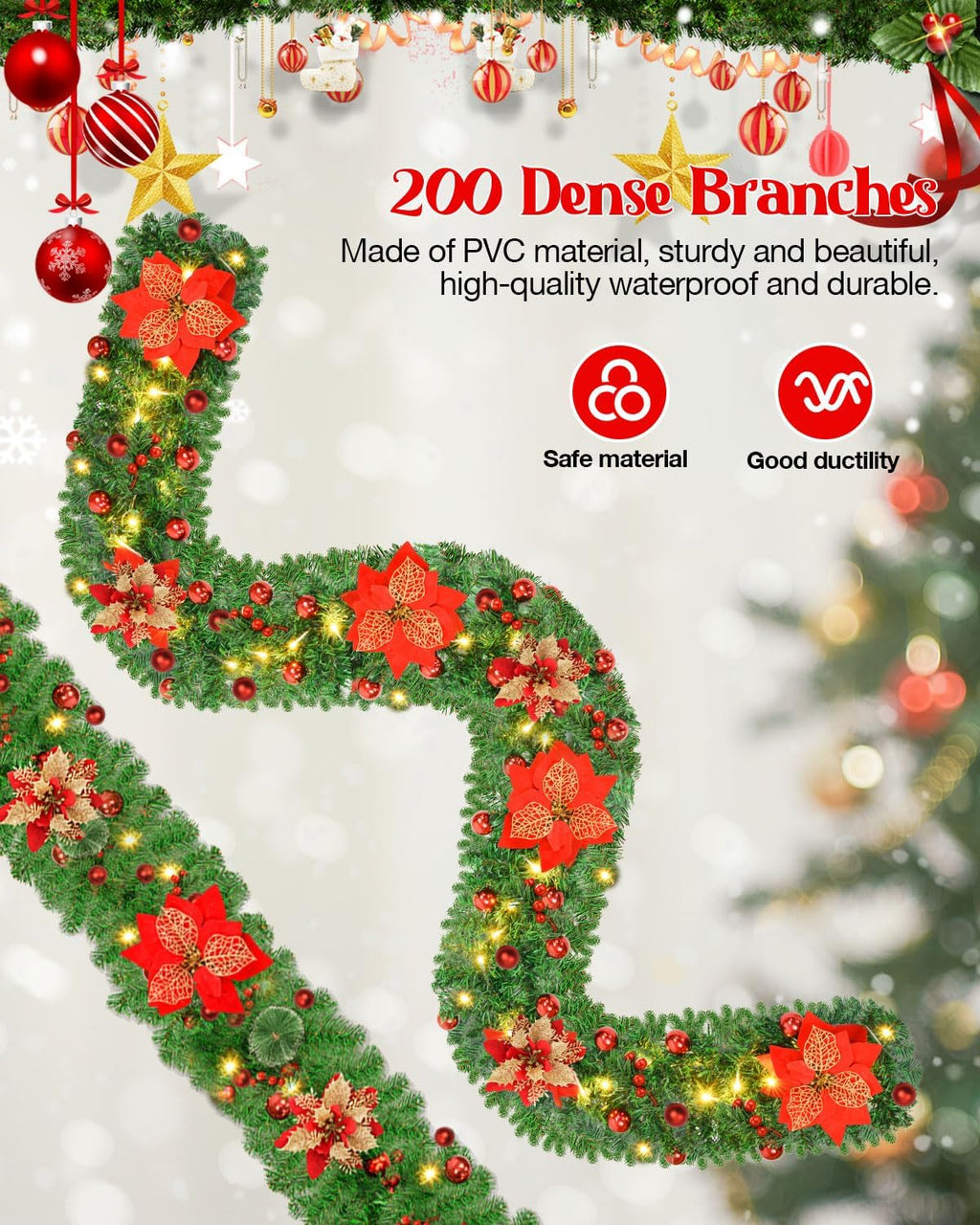 Christmas Garland, 9FT/2.7M Xmas Garland with Lights for Front Door, Christmas Tree Decorations, Mantle, Home