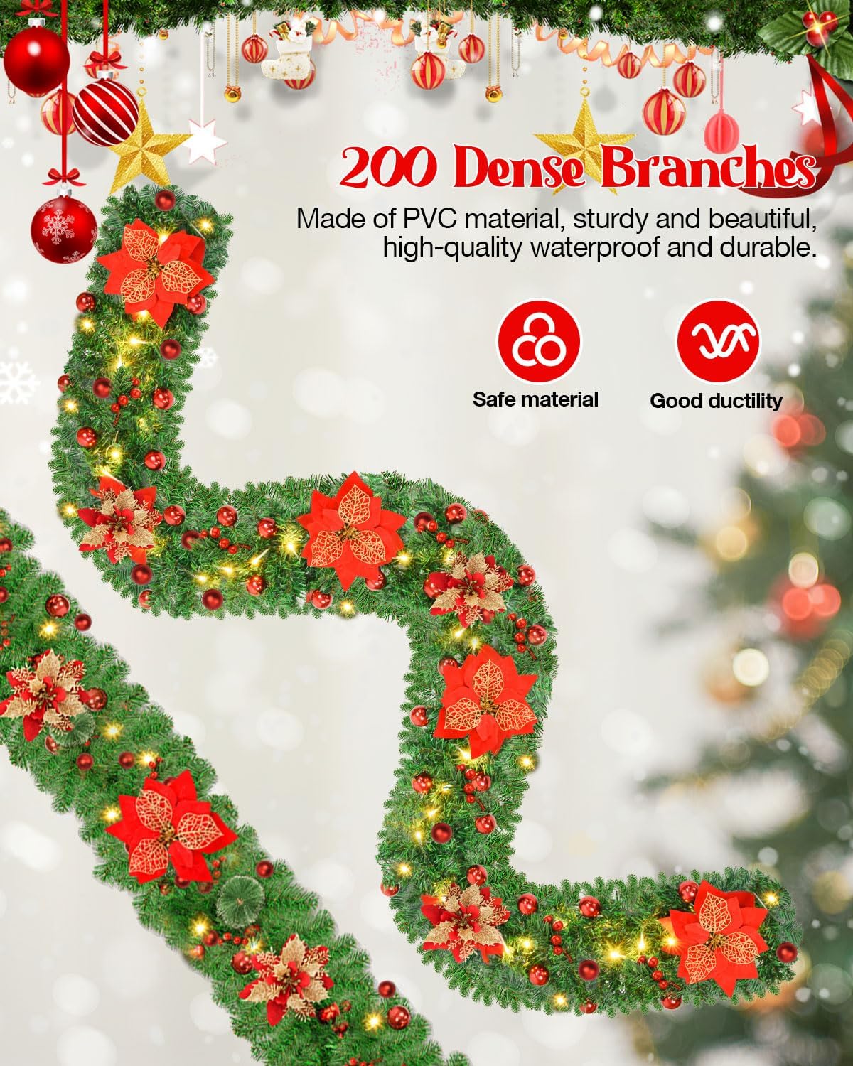 Christmas Garland, 9FT/2.7M Xmas Garland with Lights for Front Door, Christmas Tree Decorations, Mantle, Home