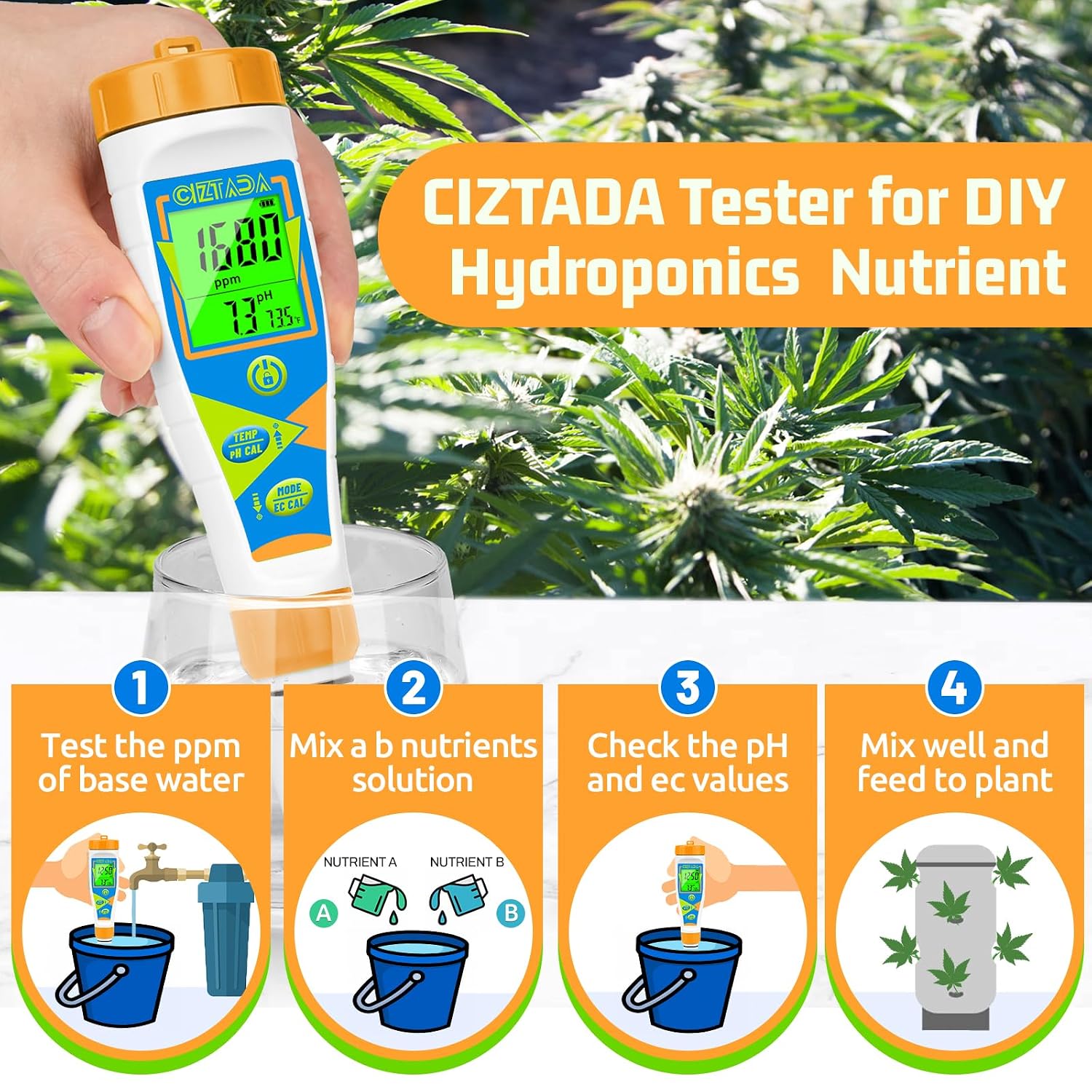 Digital pH Tester Water pH EC PPM Meter for Hydroponics Nutrients | pH Conductivity TDS Temperature Monitor Meter