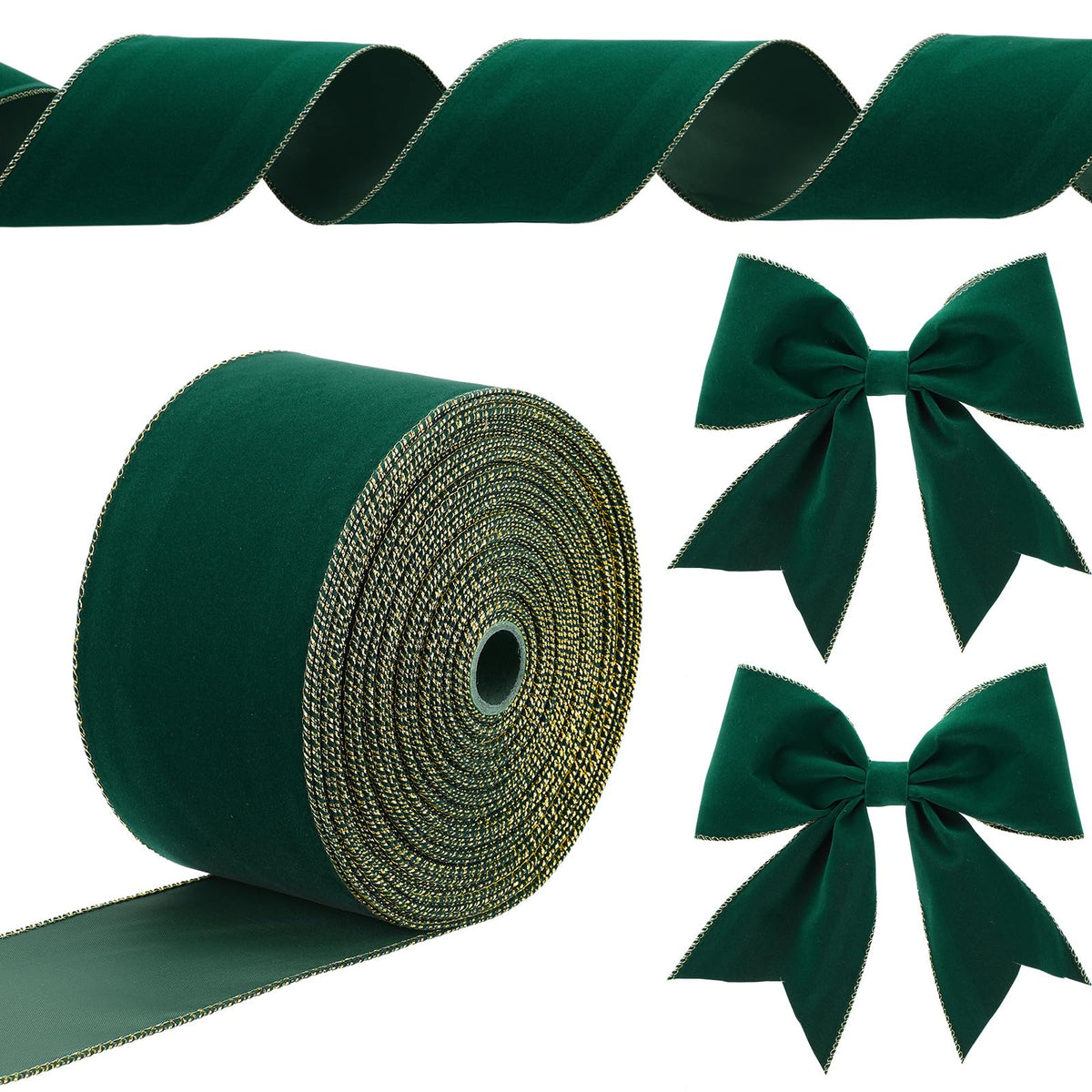 Velvet Ribbon Gold Edge, 4 Inch X 35 Yards, Green