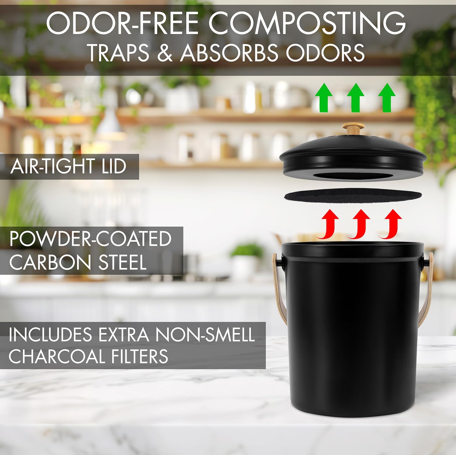 Beautiful Kitchen Compost Bin with Smell Proof Lid - Rust Proof and Odorless Compost Bucket for Your Countertop with