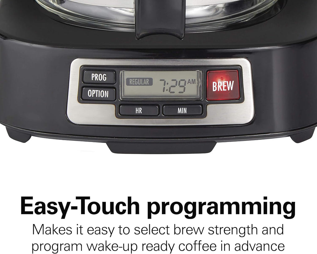 5 Cup Drip Coffee Maker with Easy FrontFill Basket | Compact Design | Programmable Clock | Glass Carafe | Auto Pause