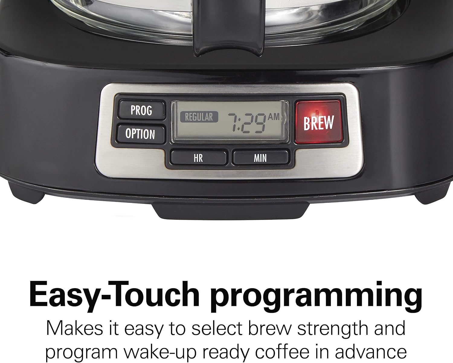 5 Cup Drip Coffee Maker with Easy FrontFill Basket | Compact Design | Programmable Clock | Glass Carafe | Auto Pause