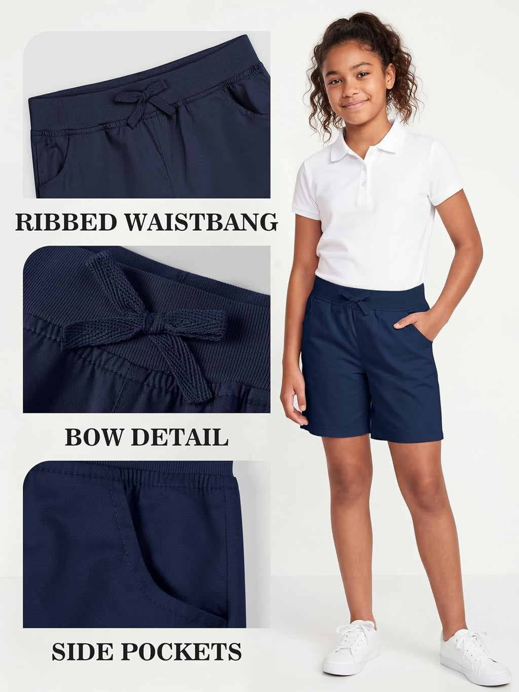 3 Pack Girls School Uniform Bermuda Shorts Pull-on Cotton Chino Elastic Waist Soft Play Shorts with Pockets 5-13Y