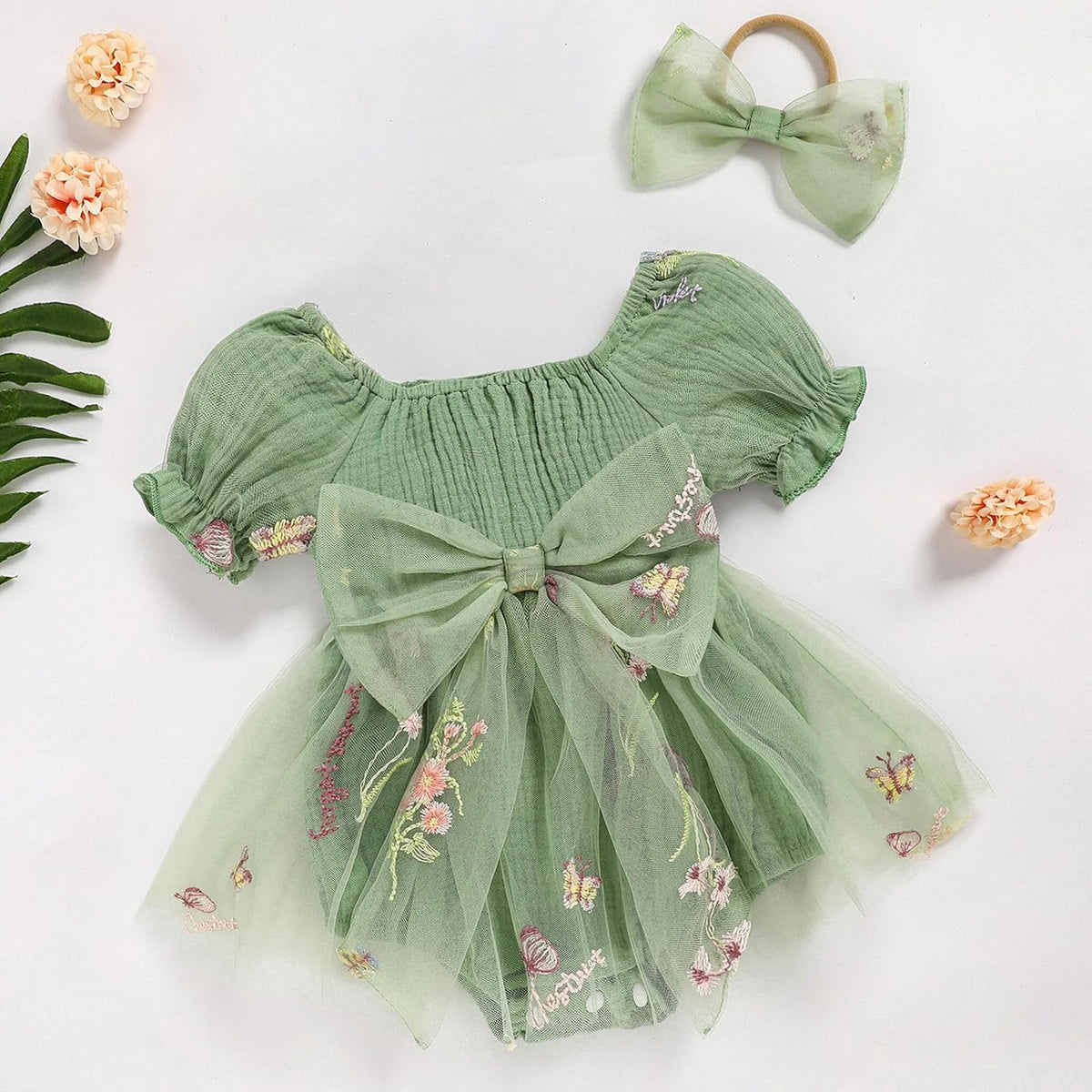 Baby Girl Romper Dress Infant Linen Tulle Bodysuit Puff Sleeve Summer Outfits With Headband Cake Smash Clothes