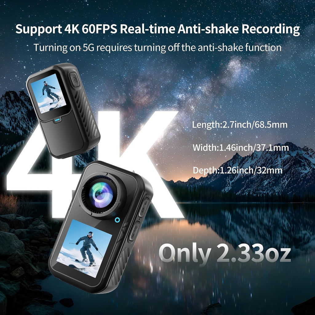4K Mini Action Camera, EIS Stabilization, 130° Wide Angle, Dual Touchscreen, Pre-Record, Waterproof for Vlogging
