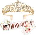 Gold Prom Queen Tiara Crown for Women, Happy Birthday Flower Crown Sash, Party Favors Supplies, Cake Toppers