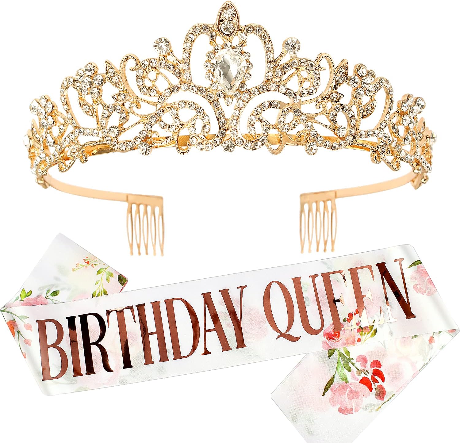 Gold Prom Queen Tiara Crown for Women, Happy Birthday Flower Crown Sash, Party Favors Supplies, Cake Toppers