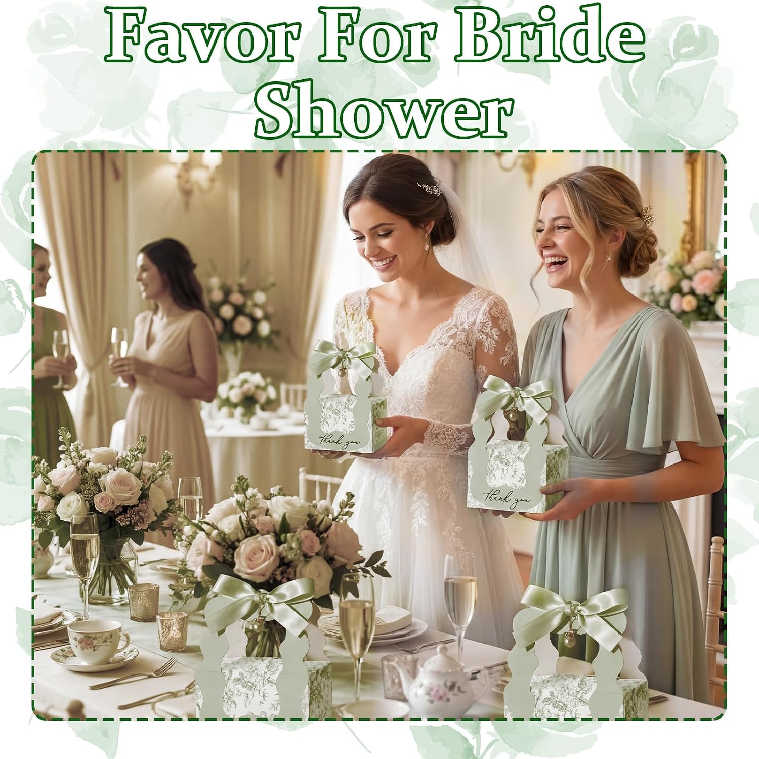 50 Sets Floral Wedding Favor Boxes with Pearl Pendant Bow, Green