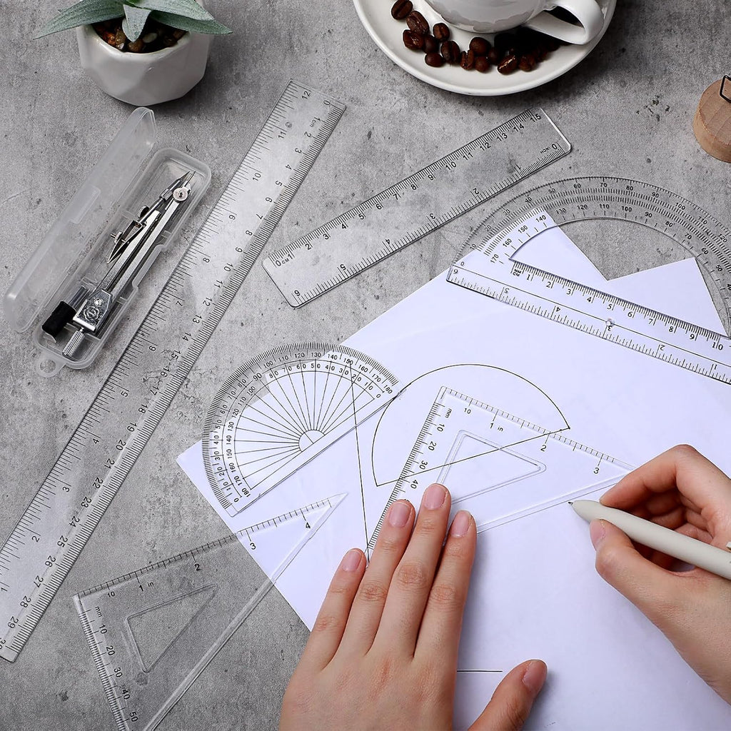 7‑Piece Geometry Set with Drawing Compass, 6 & 4 Inch Protractors, Triangle Rulers and Straight Rulers, Transparent