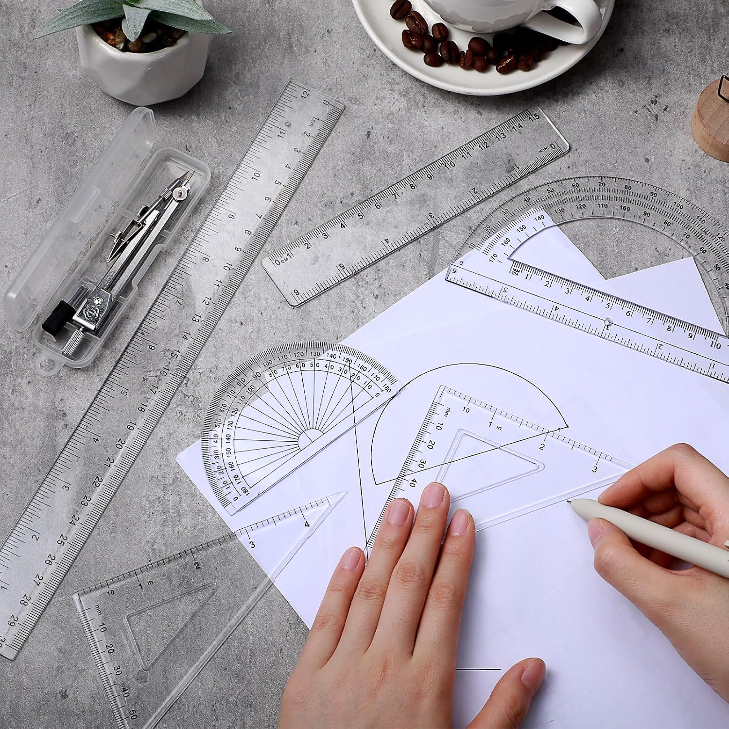 7‑Piece Geometry Set with Drawing Compass, 6 & 4 Inch Protractors, Triangle Rulers and Straight Rulers, Transparent