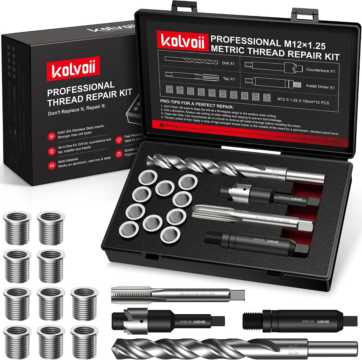 Kolvoii M12x1.25 Thread Repair Kit, 10 Solid 304 Stainless Steel Inserts