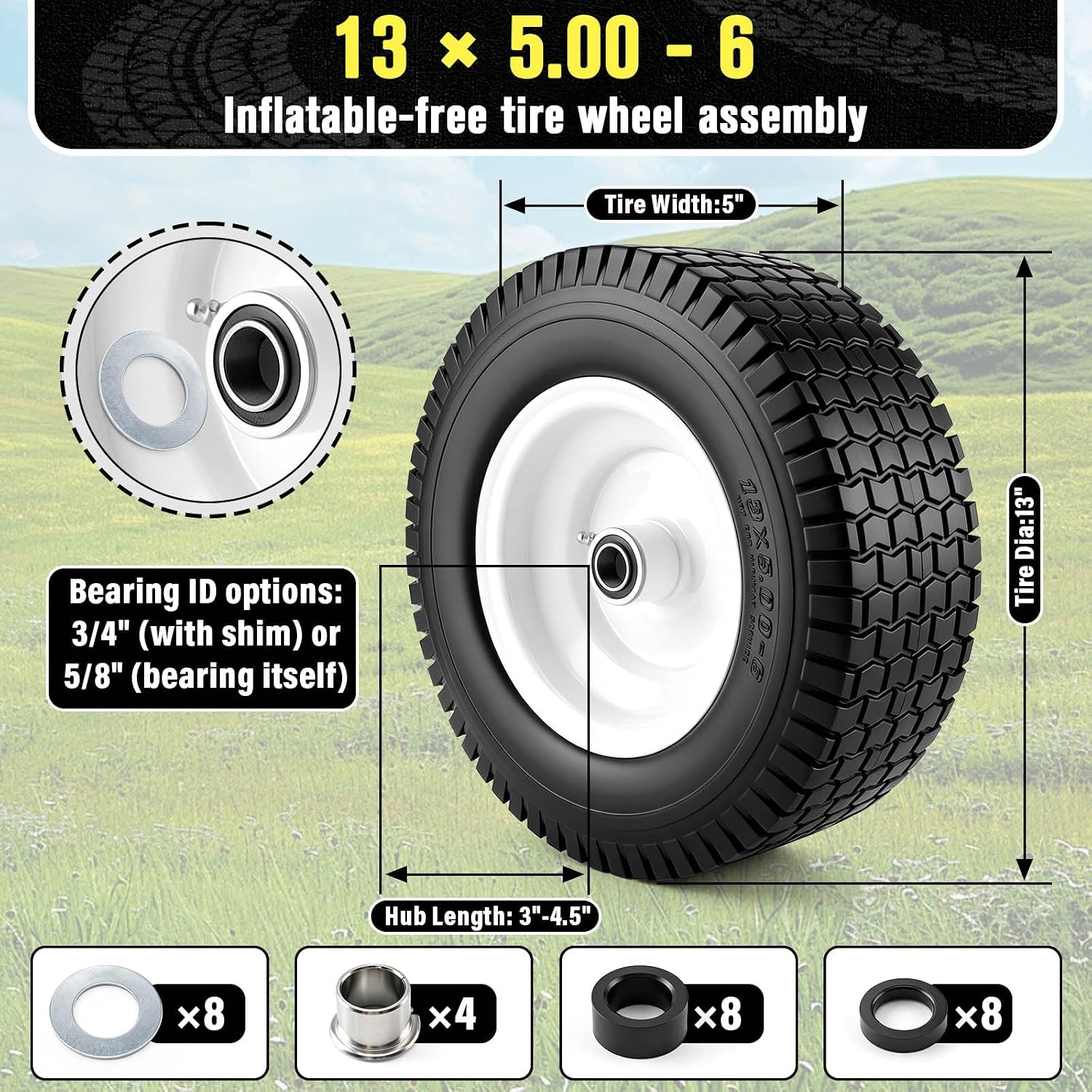 13x5.00-6 Flat Free Tire and Wheel with 3/4" & 5/8" Bearings，13x5.00-6 Lawn Mower Tires and Wheels Assembly, Fit for
