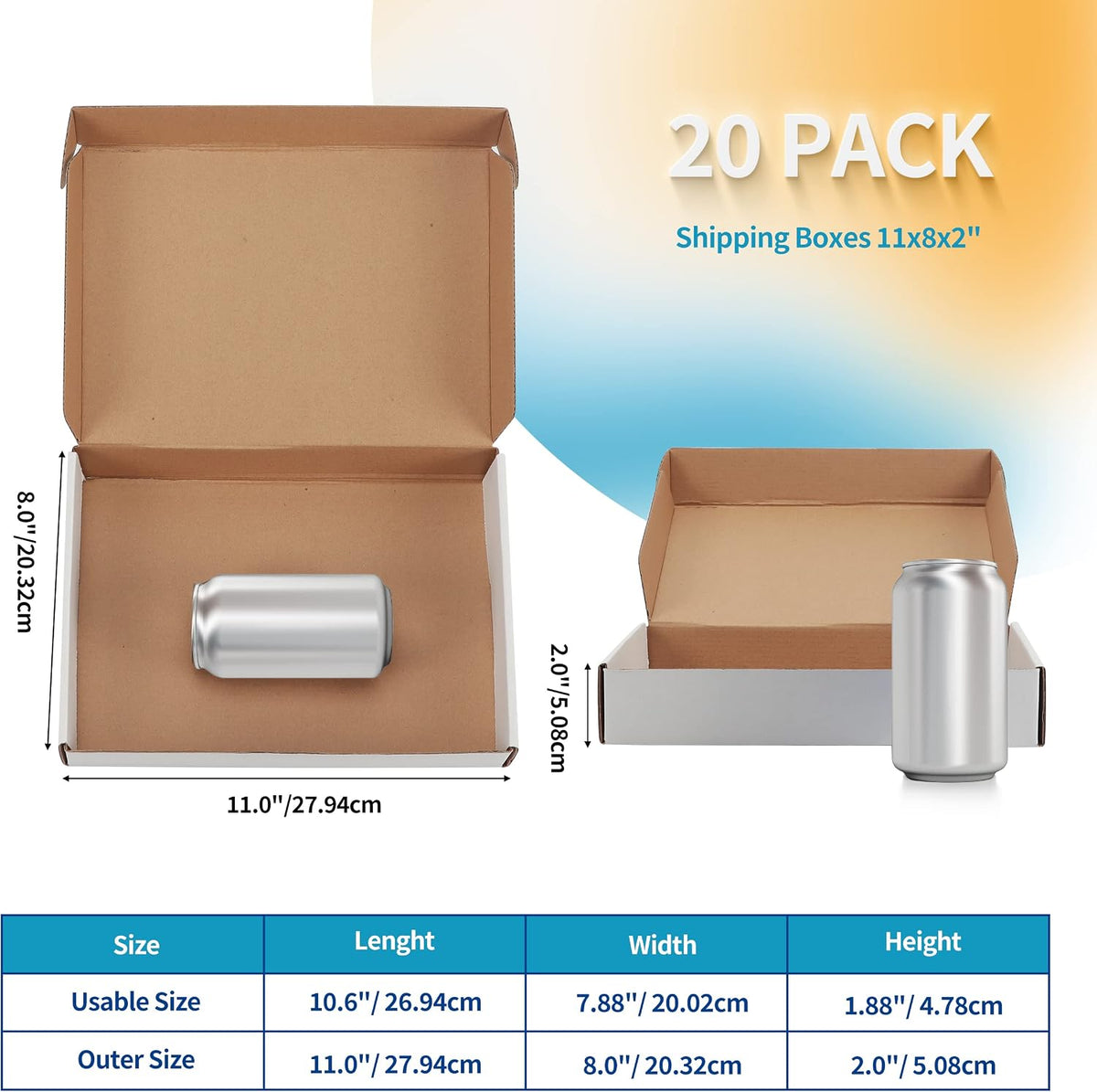 11x8x2 Inches Shipping Boxes Set of 20 White Corrugated Cardboard Mailing Boxes for Packaging, Small Business