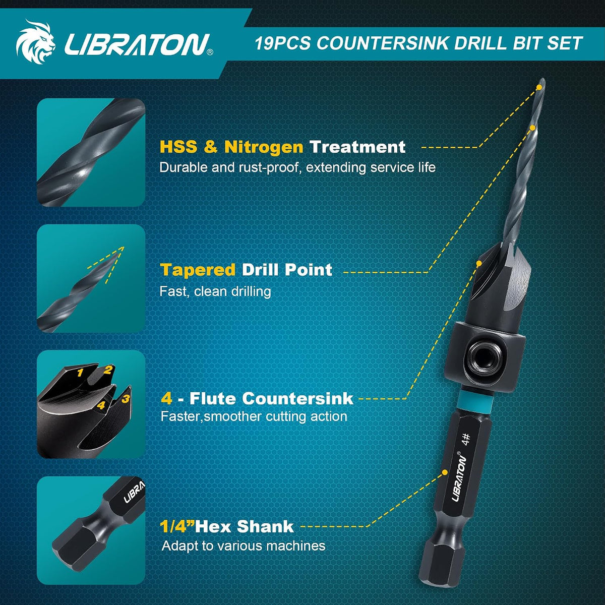 LIBRATON Countersink Drill Bit Set, 19PCS Tapered Wood Drill Bit Set