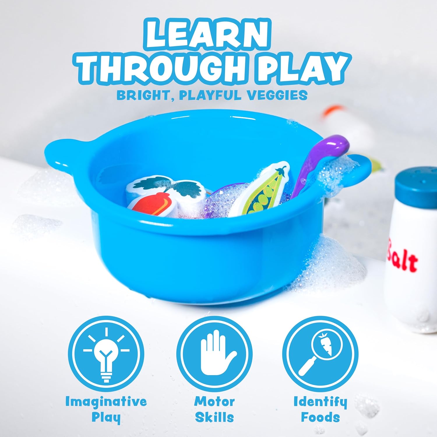 Tub Soup Scoop, Strain & Play Toddler Bath Toy | Floating Foam Veggies, Ladle for Scooping & Soup Pot for Straining |