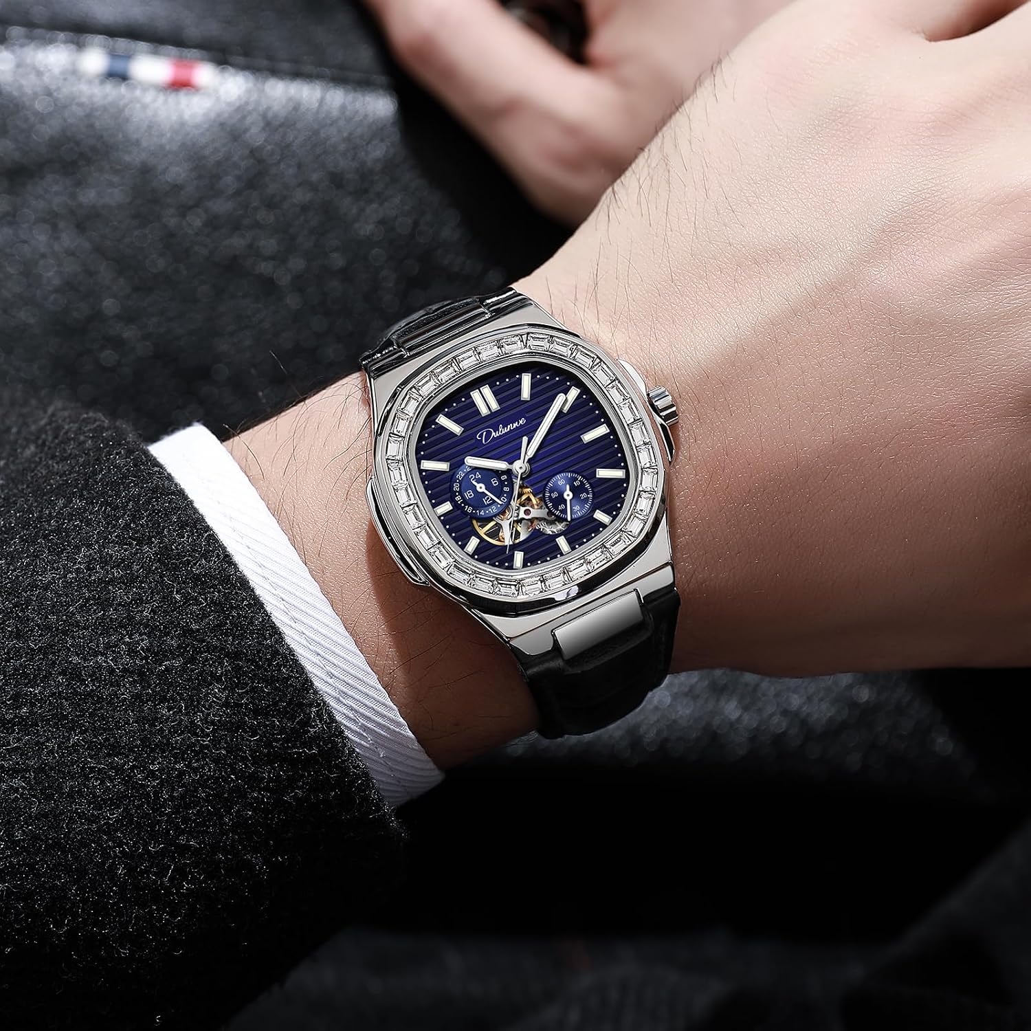 Dulunwe Men‘s Watches Mechanical Automatic Winding Elegant Luxury Leather Wristwatch with Square Analog Chronograph