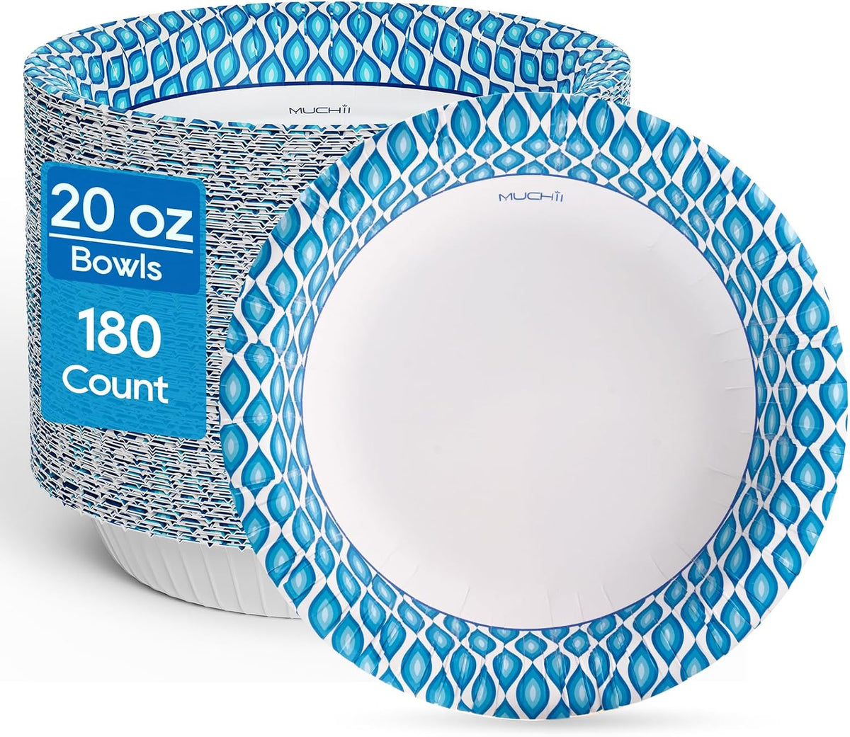 20 oz Paper Bowls, 180 Count Printed Disposable Large Bowls Bulk