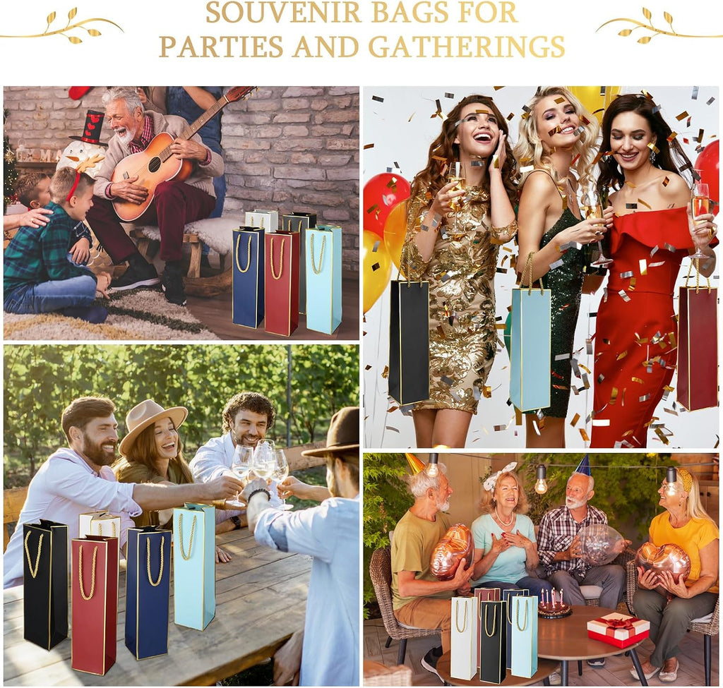 50 Pack Wine Bottle Gift Bags Paper with Handles, Retro Colors