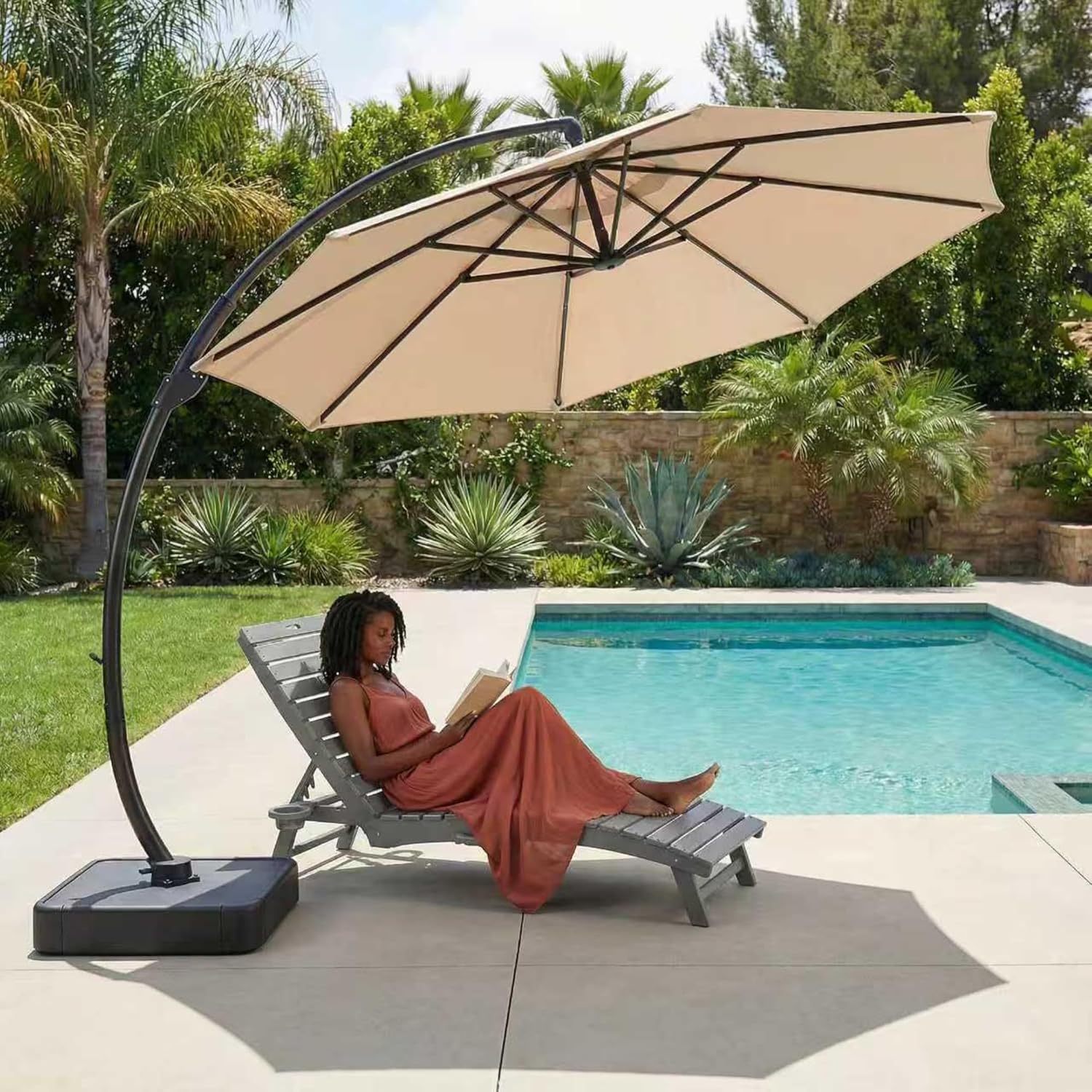 11ft Offset Cantilever Patio Umbrella with Base Included, Large Round Aluminum Outdoor Umbrella, 360° Rotation &