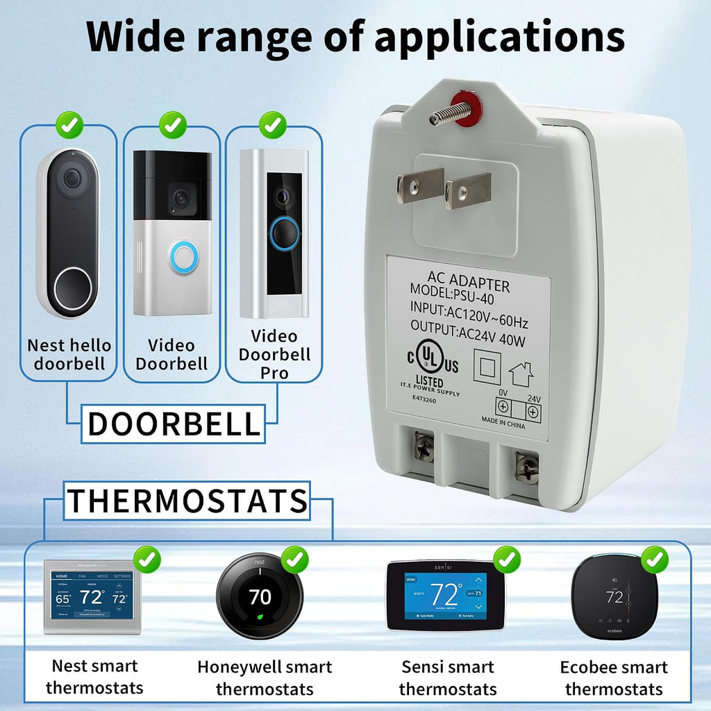 24V 40VA Plug-in AC Transformer Doorbell Power Supply | AUTO-Resetting, PTC Fuse, Compatible with Ring Doorbell and