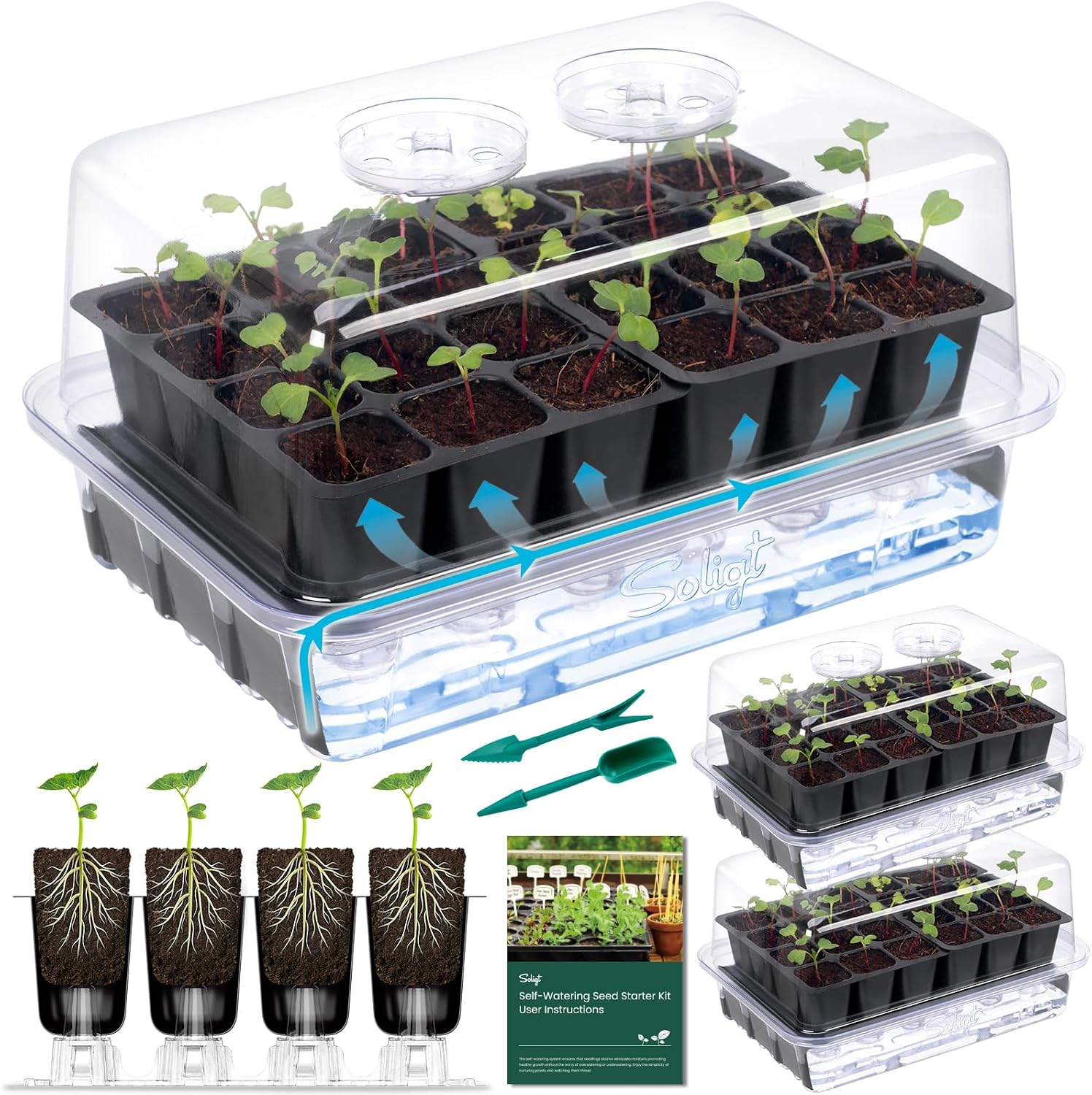 Self Watering Seed Starter Trays with Humidity Domes 3 Pack 72 Cells | Extra Thick Plastic Seed Starter kit for Seed