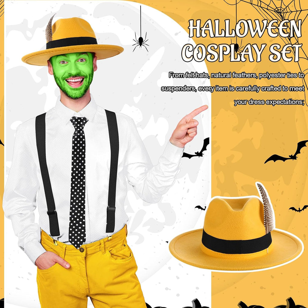 4 Pcs Mask Movies Costume Accessories Hero Costume Halloween Hero Cosplay Feather Hat and Tie Suspender for Adults