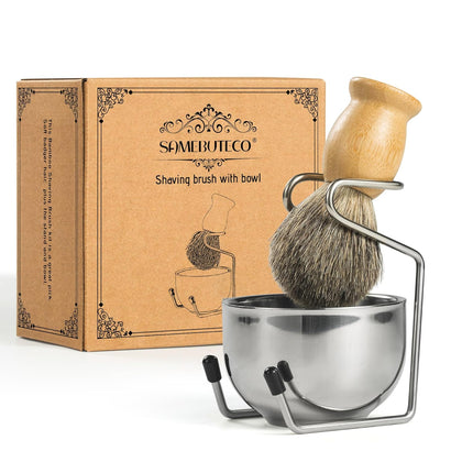 Shaving Brush Set for Men-Pure Badger Hair Brush with Bamboo Handle, Stainless Steel Stand & Bowl, Wet Shaving Kit