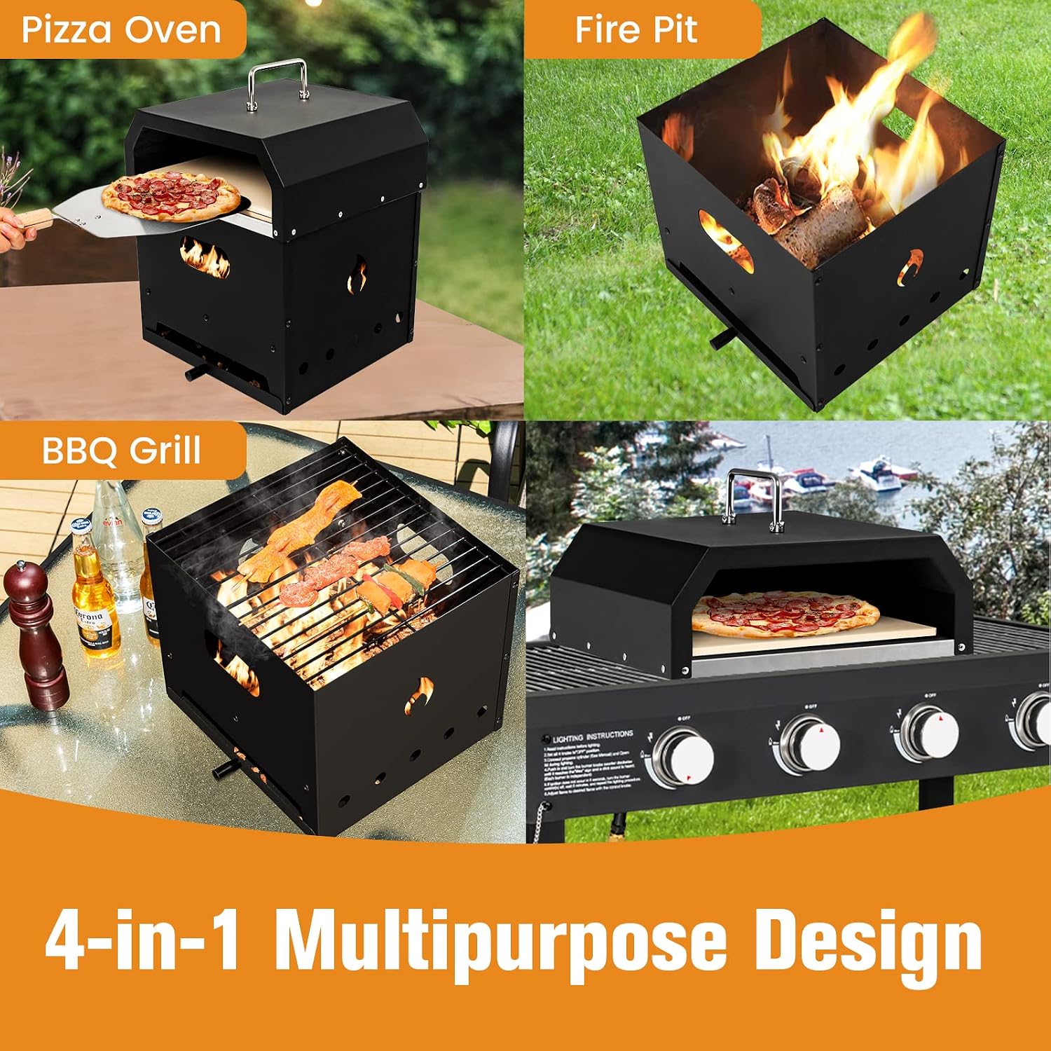 4-in-1 Outdoor Pizza Oven Wood Fired, 2-Layer Pizza Maker Grill with Stone, Peel, Waterproof Cover, Cooking Grids