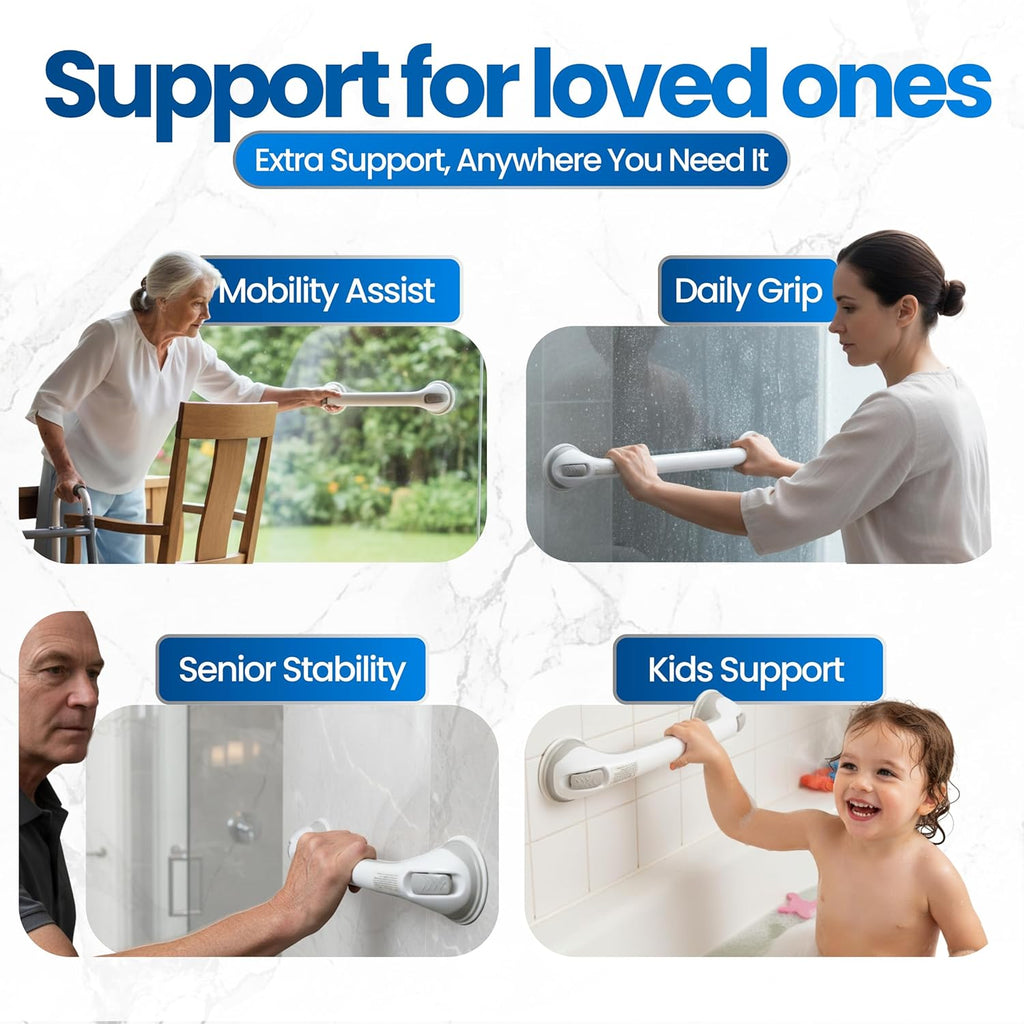 Changing Lifestyles Suction Cup Grab Bars For Bathtubs & Showers; Safety Bathroom Assist Handle, White & Grey, 16 Inches
