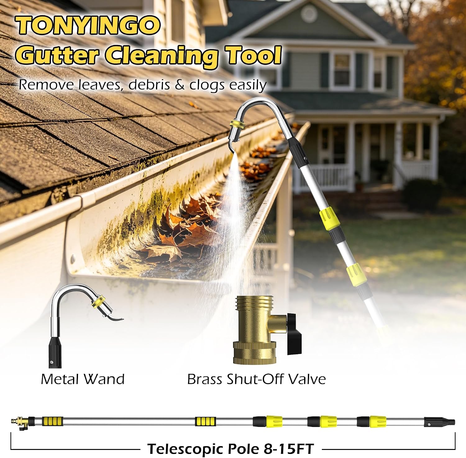 24FT Reach Telescopic Gutter Cleaning Tool, 8-15FT Gutter Cleaner from the ground with 360°Rotatable Duckbill Metal