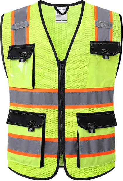Safety Vest for Men Women Hi Vis Reflective Vest JK220 Yellow M | ANSI Class 2, 5 utility Pockets 4 Reflective Strips