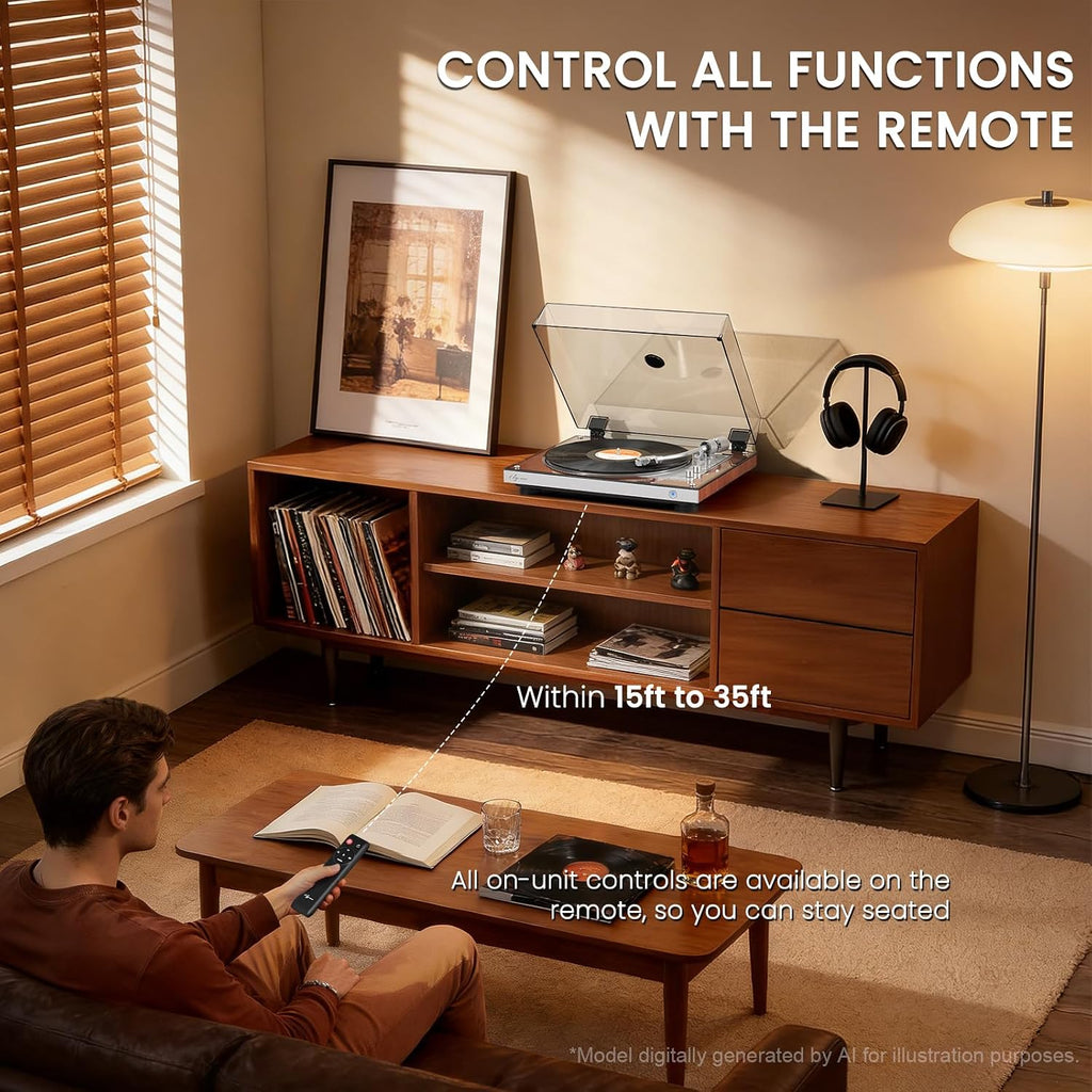 1 BY ONE Fully Automatic Belt-Drive Turntable, Wireless Vinyl Record Player | Automatic Repeat Function, Remote
