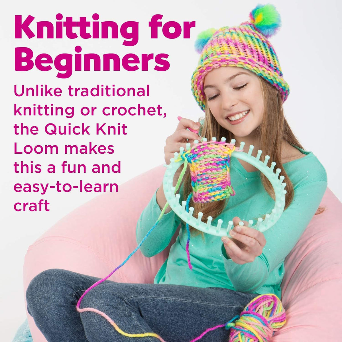 Quick Knit Loom Kit - Knitting Kit for Kids, Make Your Own Pom Pom Hat and Accessories, Knitting Loom Crafts for Kids