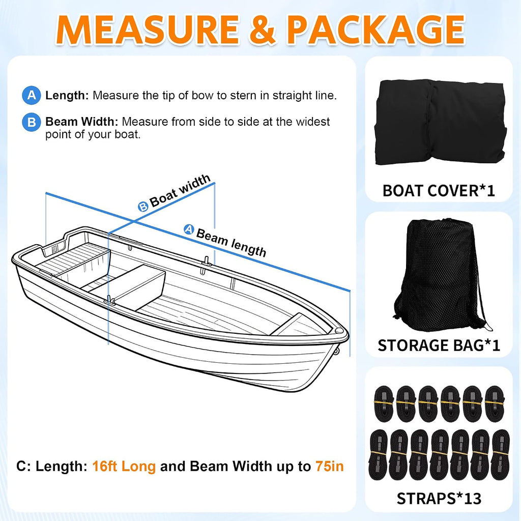 iCOVER Jon Boat Cover 16ft, Heavy Duty Waterproof Marine Grade Polyester Canvas Mooring Cover, Anti-UV Trailerable