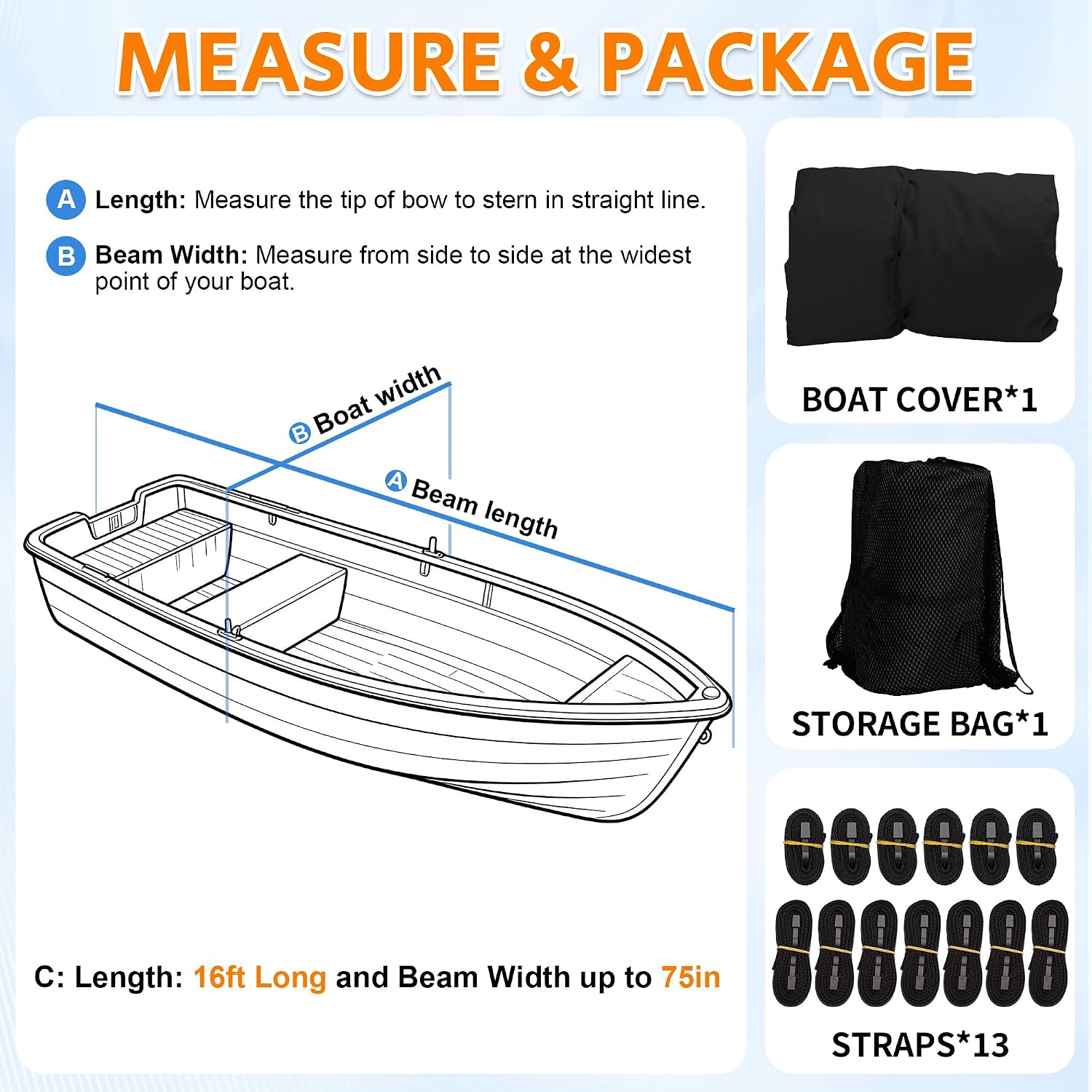 iCOVER Jon Boat Cover 16ft, Heavy Duty Waterproof Marine Grade Polyester Canvas Mooring Cover, Anti-UV Trailerable