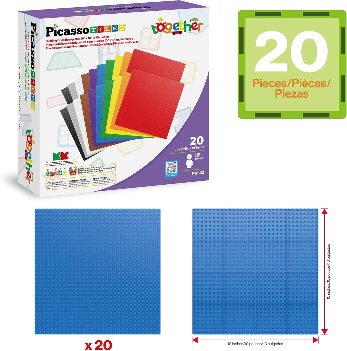 Brick Baseplate Classic Building Block Foundation Kit 20 Pack 10"x10" Platform Multi Color Bricks Stud Blocks