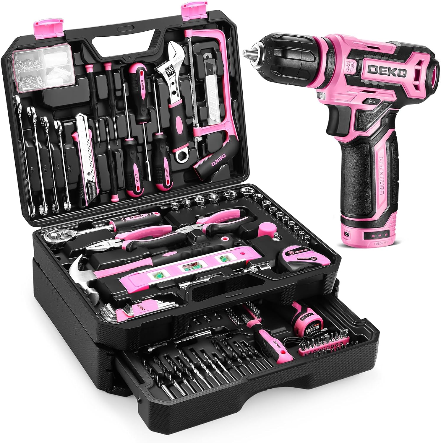 Pink Tool Kit Box Drill Set：DEKOPRO Home Mechanic Toolbox with 12V Power Cordless Drill Hand Repair Tools Sets Combo