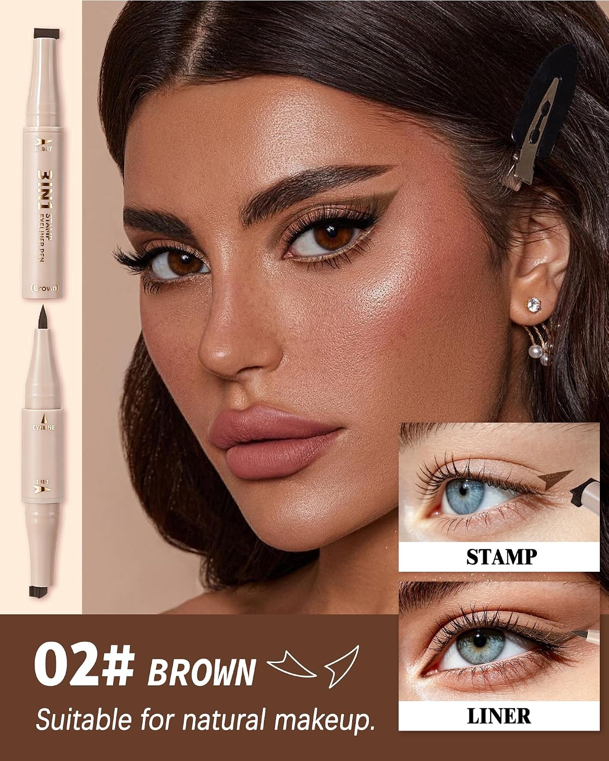 Eyeliner Stamp Wingliner, Brown Liquid 3-in-1 Winged Eyeliner Pen No Smudge