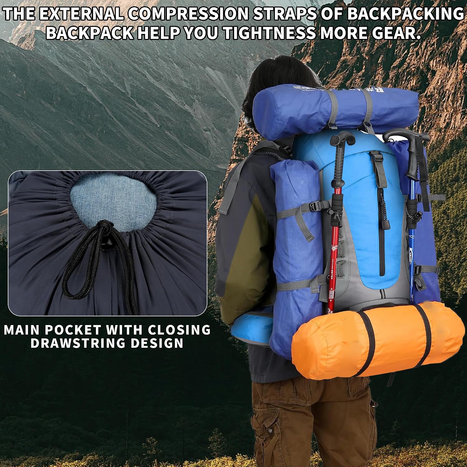 75L Hiking Backpack with Rain Cover Waterproof Camping Backpack Shoes Warehouse for Men Women, Frameless