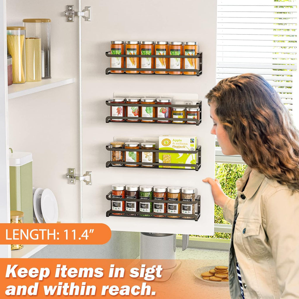 Spice Rack Wall Mounted 4 Pack, Black,For Spice Jars & Seasonings | 4 Removalble Hooks,Screw or Adhesive Hanging